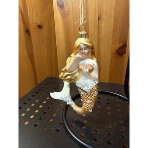 Mermaid Glass Christmas Ornament Gold Glitter Rhinestone Jeweled 5.5"